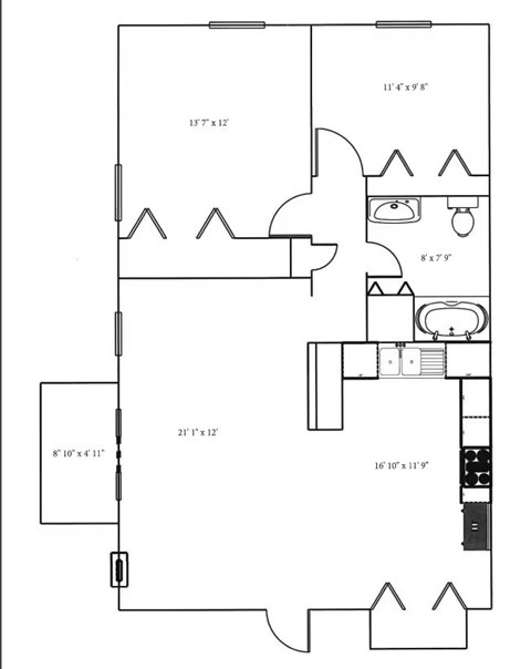 A black and white image of a floor plan with various rooms and measurements.